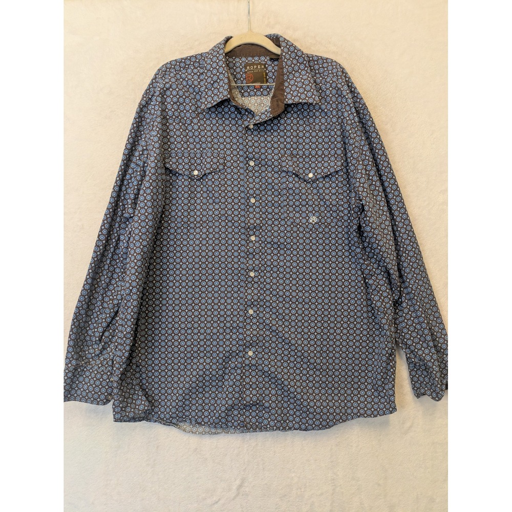 Roper Men's Size XL Long Sleeve Western Shirt Blue Geometric Print Pearl Snap